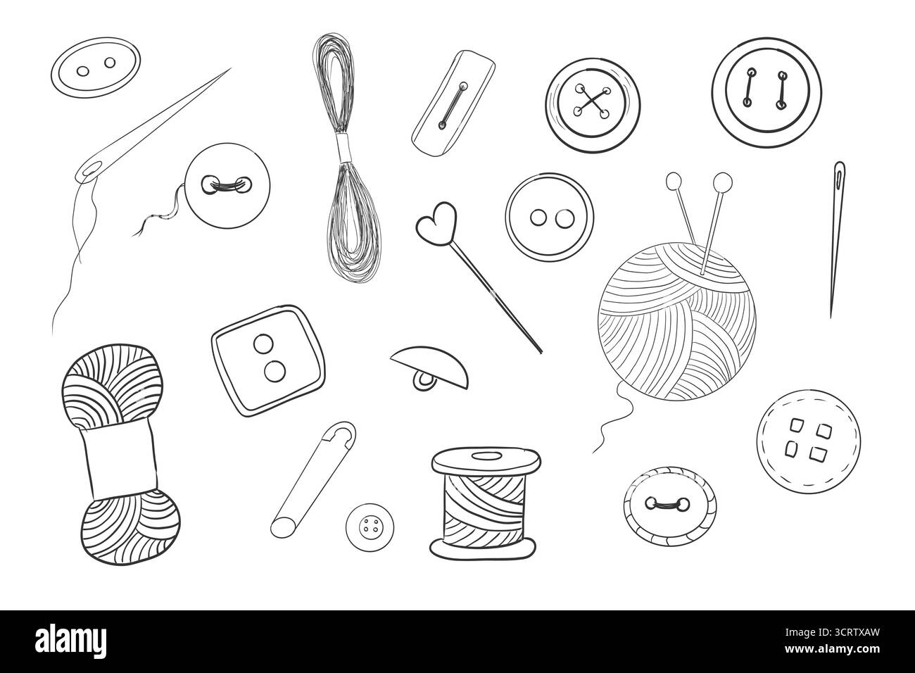 Set de couture avec fil, boutons d'aiguille doodle dessiné à la main. Collection de broderie artisanale faite à la main. Kit tailleur vintage. Accessoires de couture. Illustration vectorielle Illustration de Vecteur