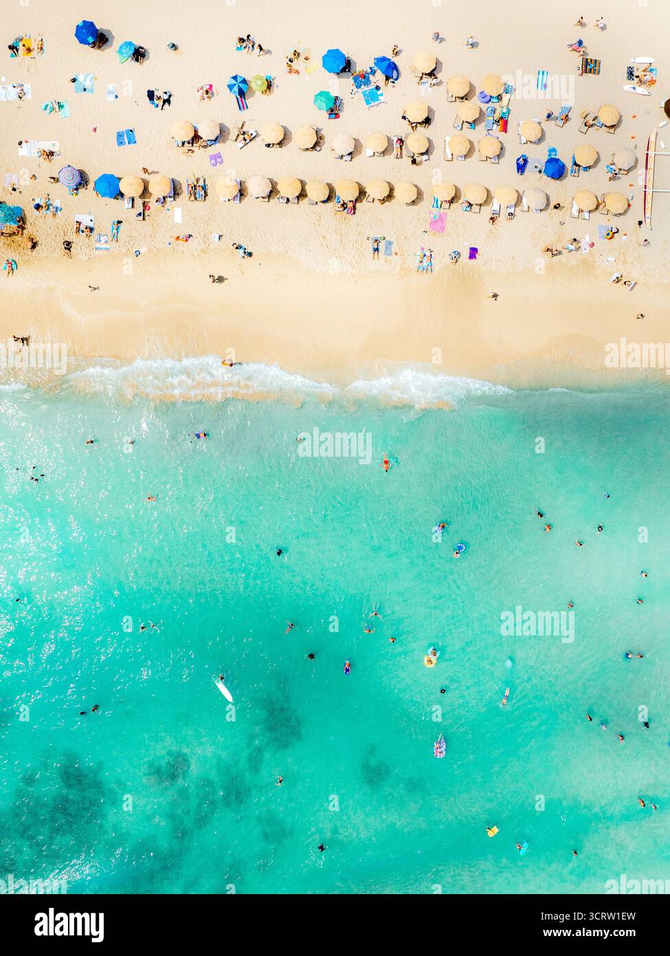 Vue aérienne de sable doré doux rencontre la mer turquoise vibrante, parsemée de bains de soleil et de parasols colorés le long de la plage, Waikiki Beach, Honolulu, Hawaï, États-Unis. Banque D'Images