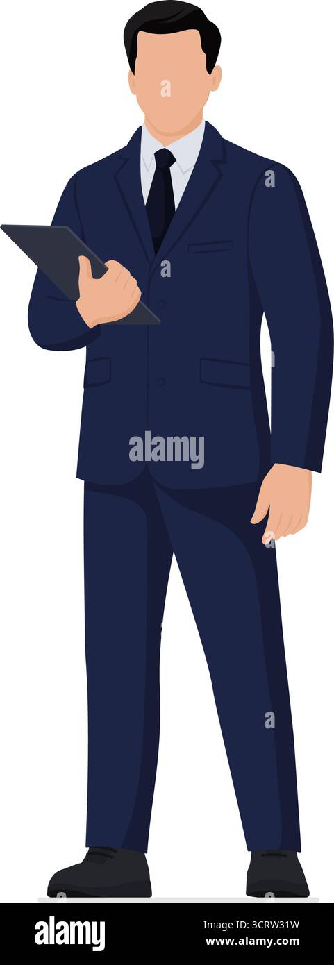 Portrait d'un dirigeant d'entreprise masculin debout et tenant un presse-papiers, isolé sur fond blanc Illustration de Vecteur