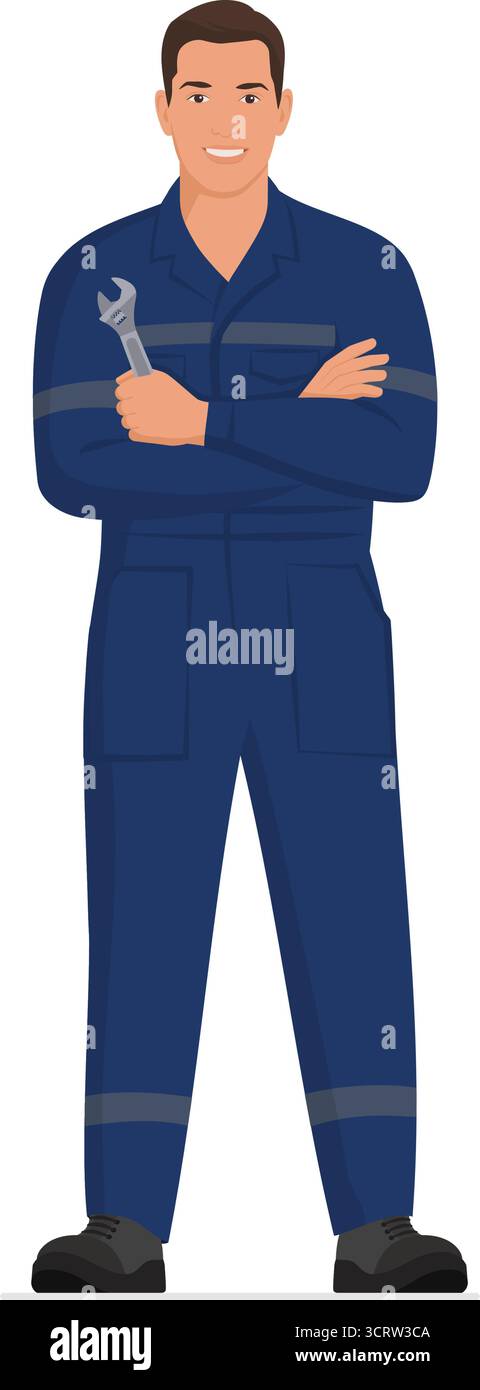Mécanicien confiant debout et tenant un outil, corps entier isolé, concept de service de réparation automobile Illustration de Vecteur