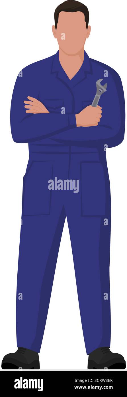 Mécanicien confiant debout et tenant un outil, corps entier isolé, concept de service de réparation automobile Illustration de Vecteur