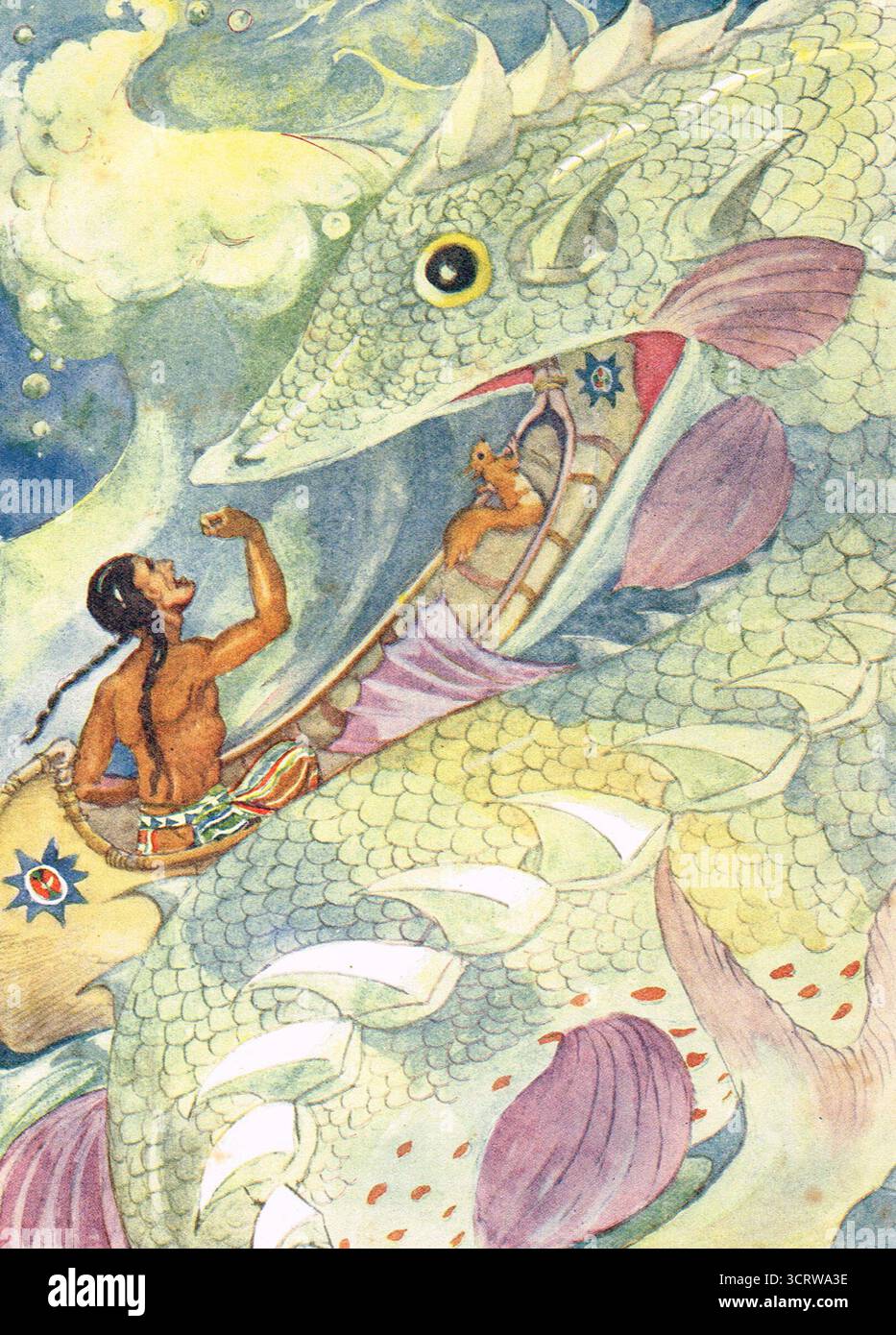 Hiawatha et l'écureuil Adjidaumo avalé par Mishe-Nahma le roi des poissons esturgeons. Illustration de la pêche de Hiawatha par Henry Wadsworth Longfellow Banque D'Images