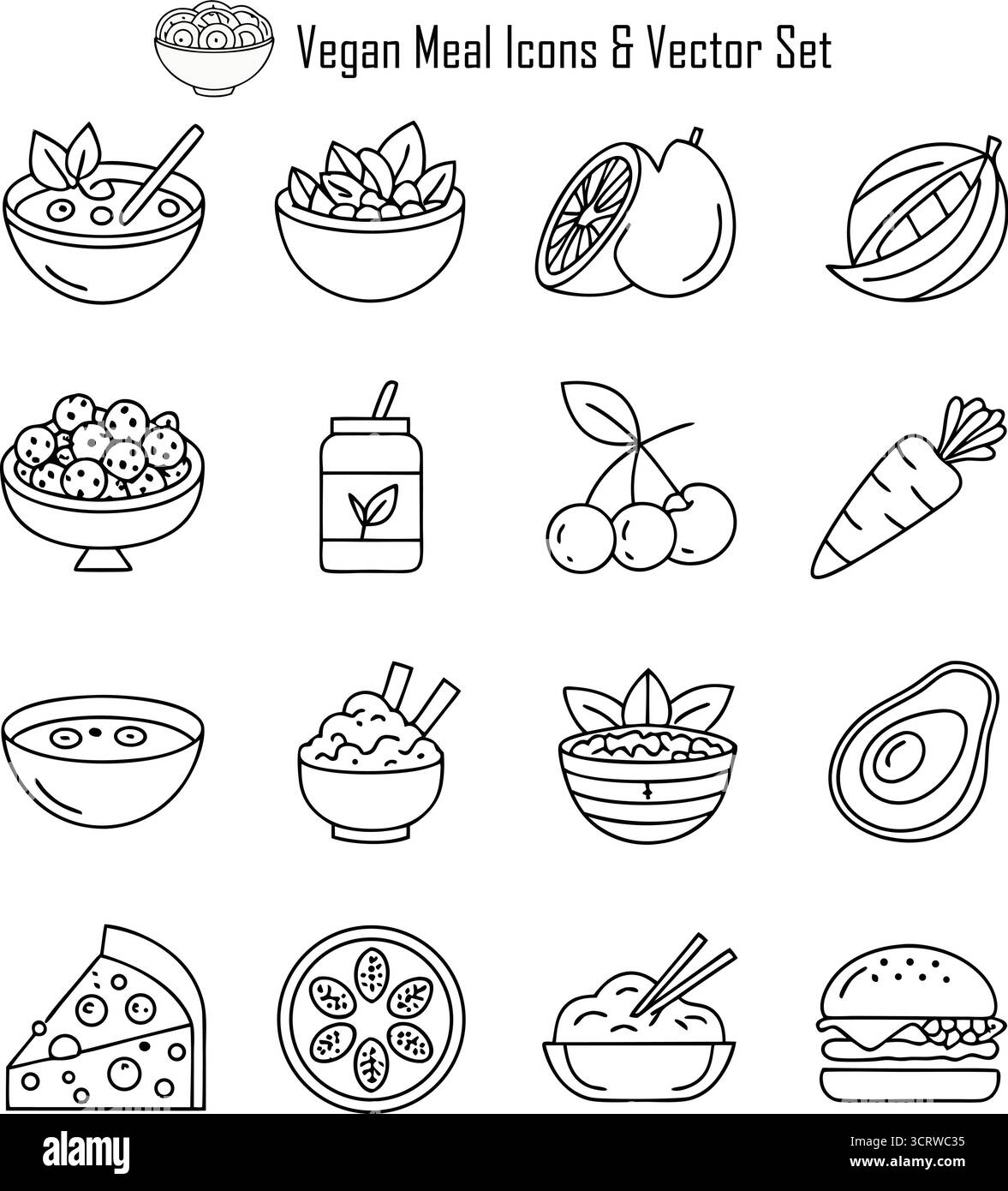 Ensemble vectoriel d'icônes de repas végétalien – symboles d'aliments à base de plantes, d'alimentation saine et de nutrition écologique pour le style de vie et la conception d'applications Illustration de Vecteur