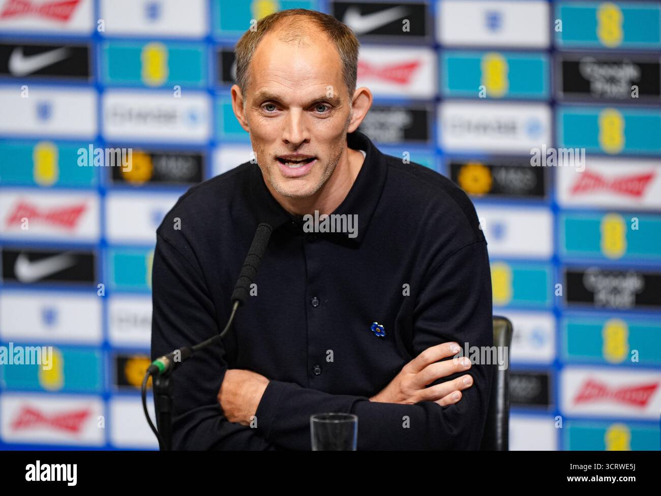Thomas Tuchel, entraîneur de l'Angleterre, lors d'une conférence de presse au stade de Wembley, à Londres. Date de la photo : vendredi 3 octobre 2025. Banque D'Images
