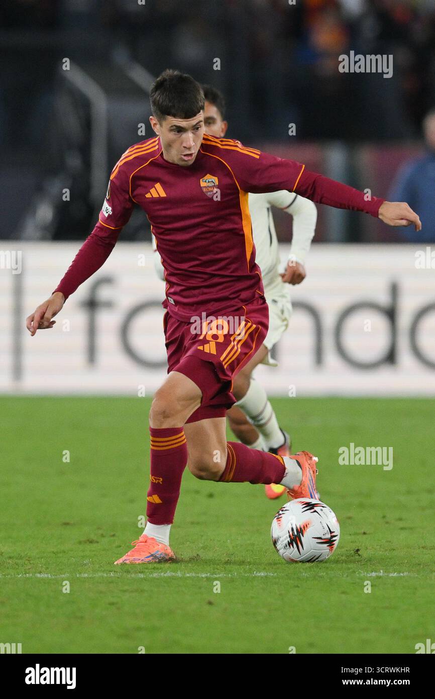 2 octobre 2025, stade Olimpico, Rome, Italie ; UEFA Europa League Football match ; Roma versus Lille ; Matias Soule de L'AS Roma Banque D'Images