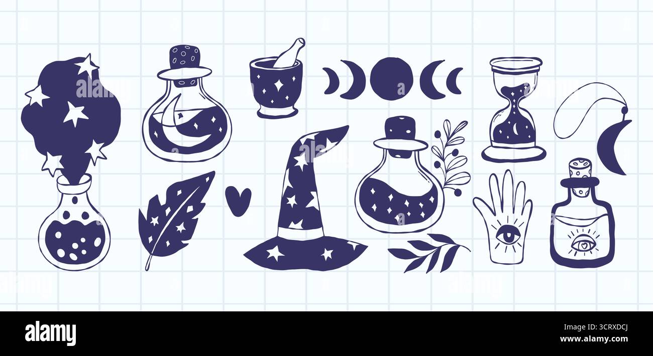 Magie et mysticisme, symboles et éléments occultes, Witch Doodles. Ensemble texturé dessiné à la main. Esquisse vectorielle isolée Wizard Hat, sablier, potion, Elixir Illustration de Vecteur