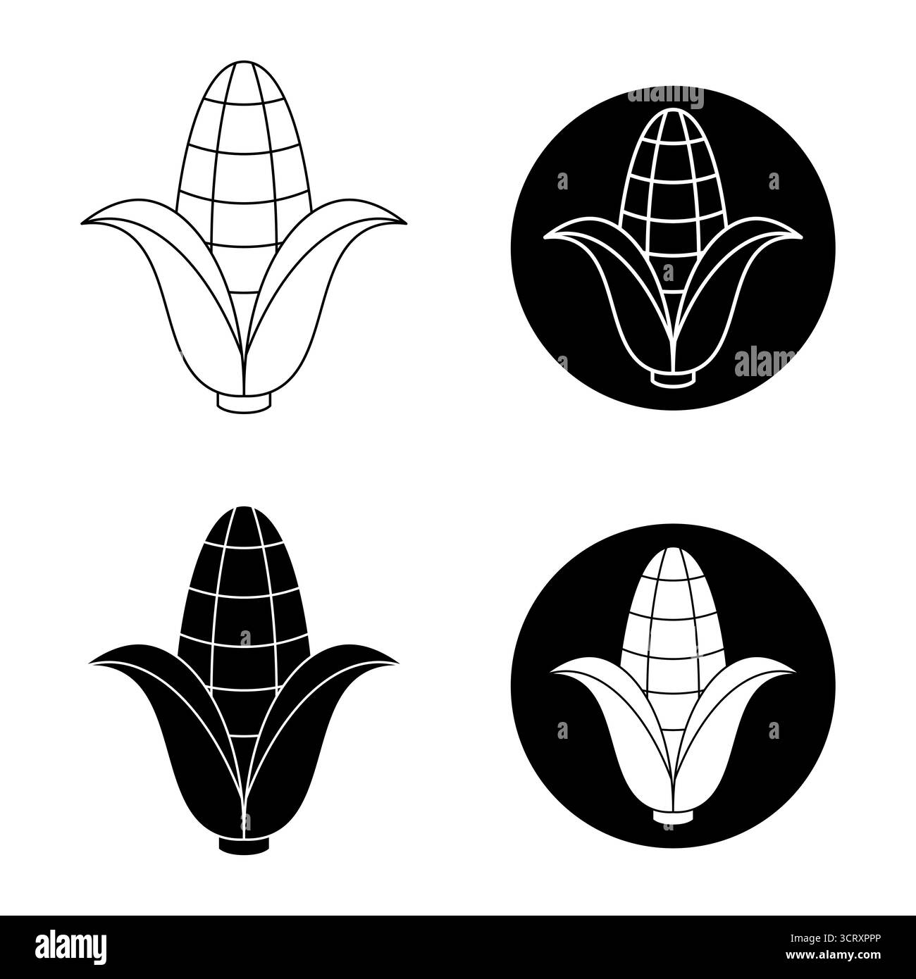 Ensemble d'icônes de maïs. Noir et blanc. Parfait pour l'alimentation, l'agriculture, les produits biologiques, l'image de marque agricole, l'emballage et les projets de conception respectueux de l'environnement. Illustration de Vecteur