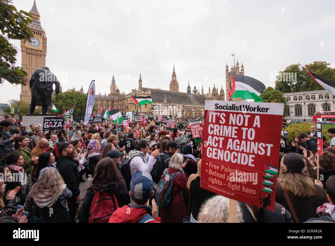 Londres, Royaume-Uni. 2 octobre 2025. Des militants pro-palestiniens protestent sur la place du Parlement contre l'interception par Israël dans les eaux internationales de la flottille mondiale du Sumud (GSF) à destination de Gaza. Des manifestations similaires ont eu lieu dans le monde entier en réponse à l'interception de la flottille d'aide humanitaire qui tentait de briser le siège de Gaza. Crédit : Mark Kerrison/Alamy Live News Banque D'Images