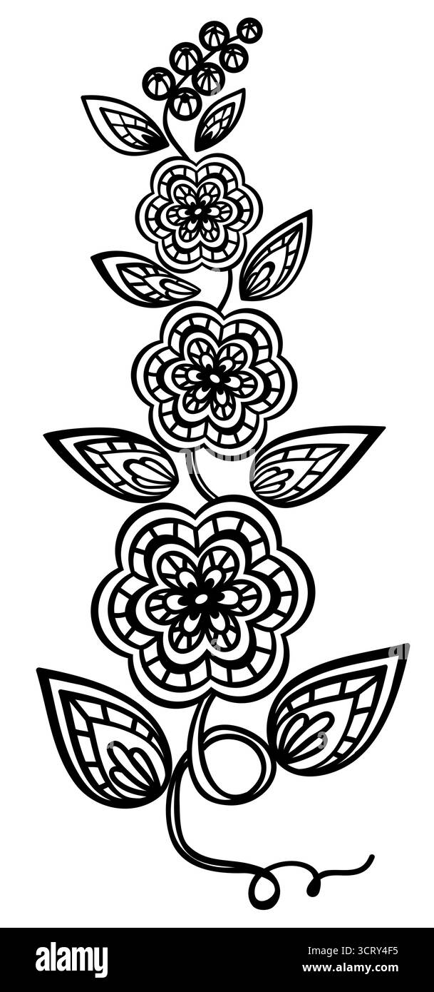 Bel élément floral. Motif fleurs et feuilles noir et blanc avec broderie imitation guipure. Illustration de Vecteur