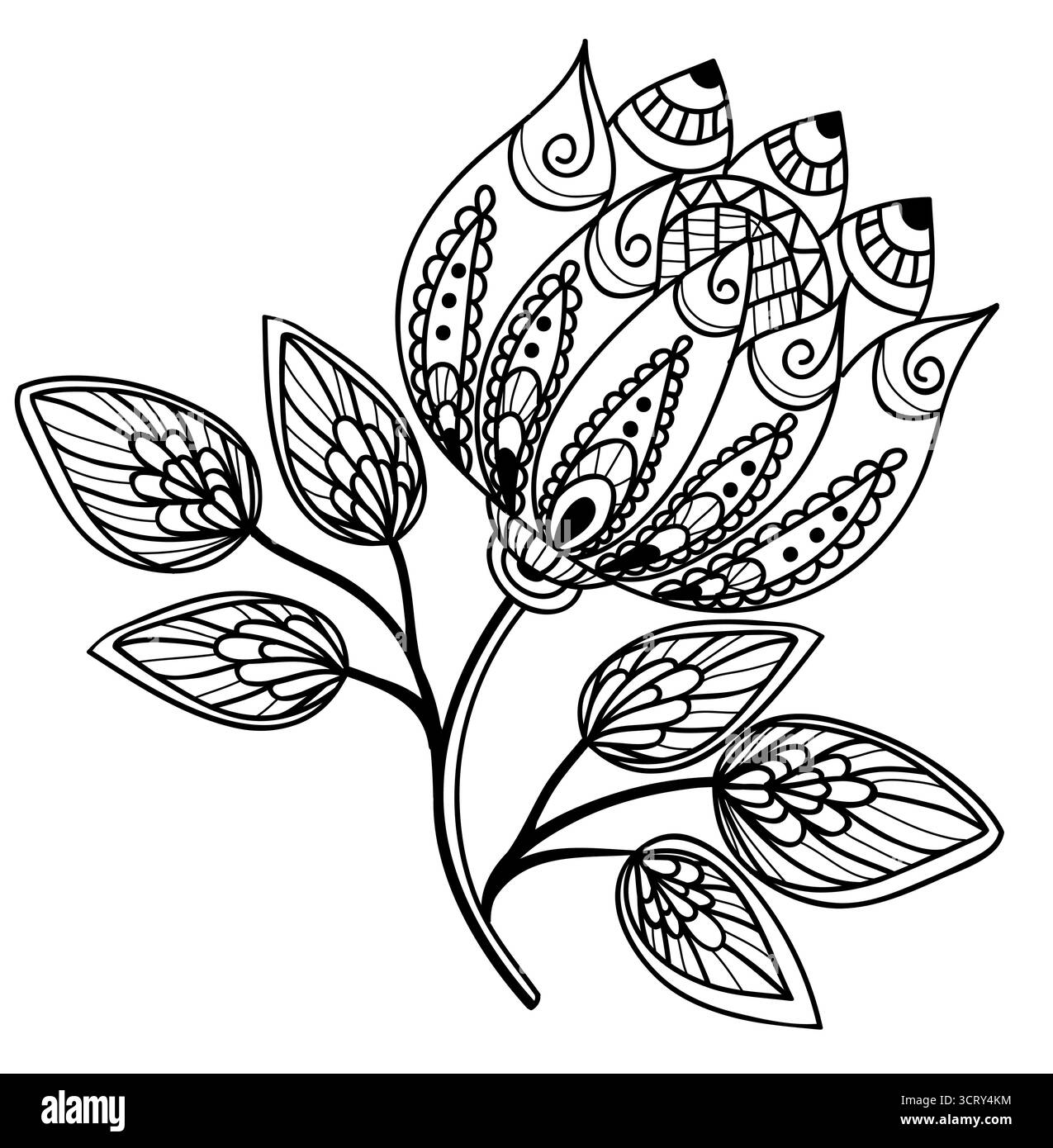 Bel élément floral. Motif fleurs et feuilles noir et blanc avec broderie imitation guipure. Illustration de Vecteur