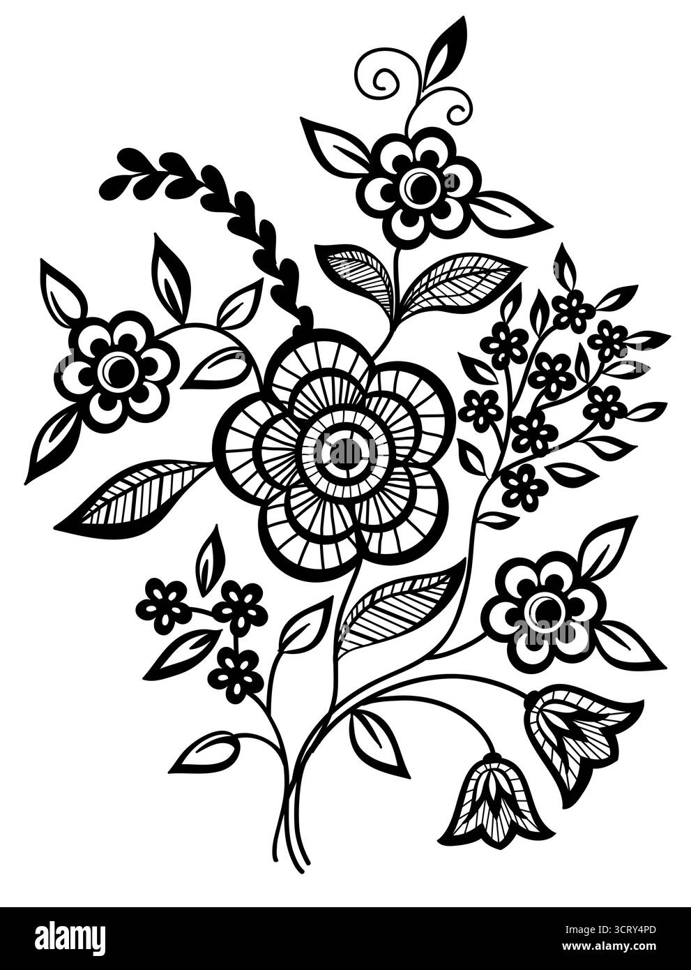 Bel élément floral. Motif fleurs et feuilles noir et blanc avec broderie imitation guipure. Illustration de Vecteur