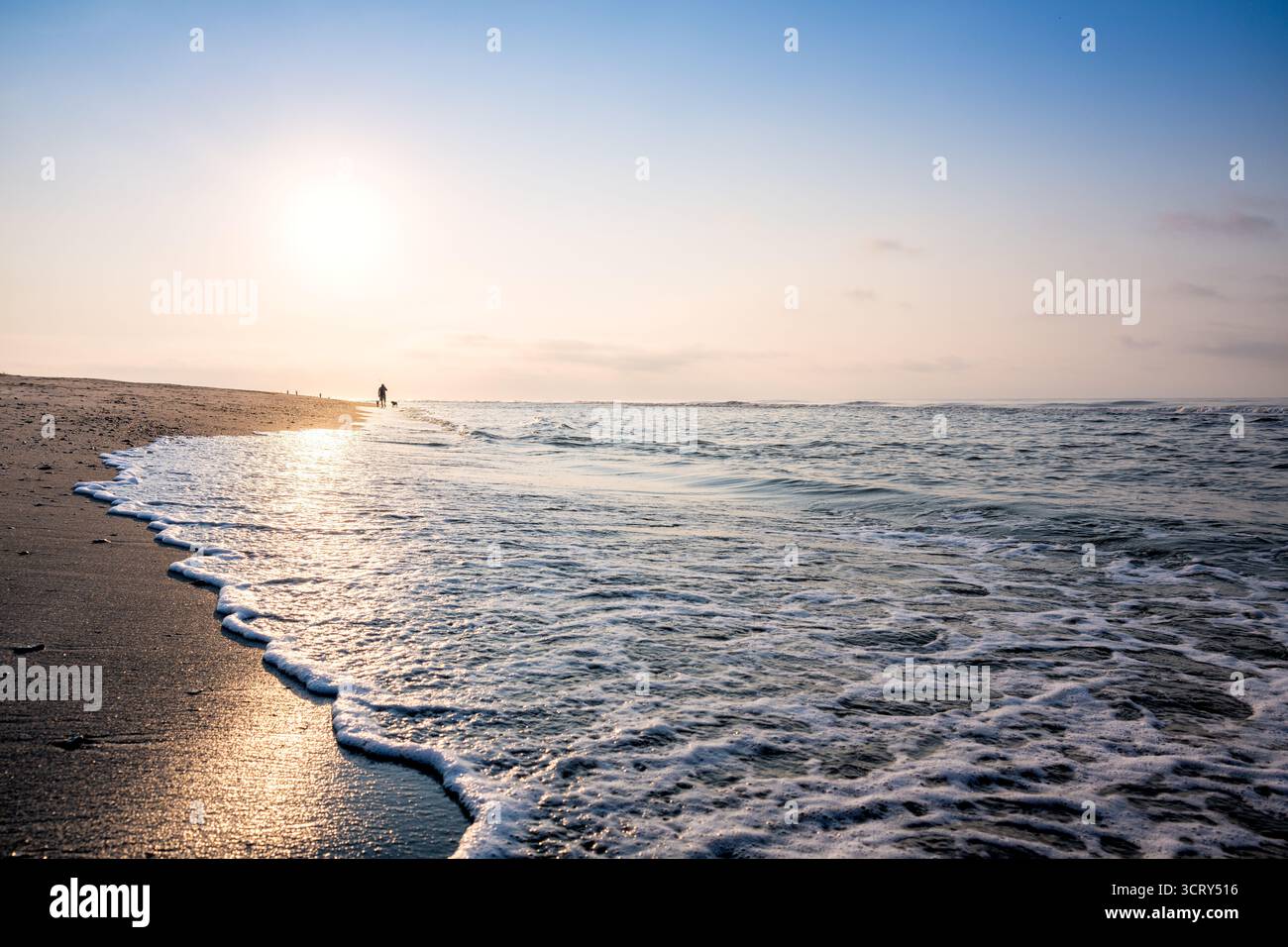 Plage à Isle of Palms Caroline du Sud tôt le matin // ISLE OF PALMS, Caroline du Sud, États-Unis — une vue matinale de la plage à Isle of Palms. Cette île barrière est une ville balnéaire de premier plan située sur la côte atlantique de la Caroline du Sud. Elle est située juste à l'est de Charleston et fait partie de la région métropolitaine Charleston-North Charleston. Le soleil est bas à l'horizon, illuminant l'océan et le littoral sablonneux. De douces vagues se brisent le long de la côte, caractéristique de ce front de mer de Caroline du Sud. Banque D'Images
