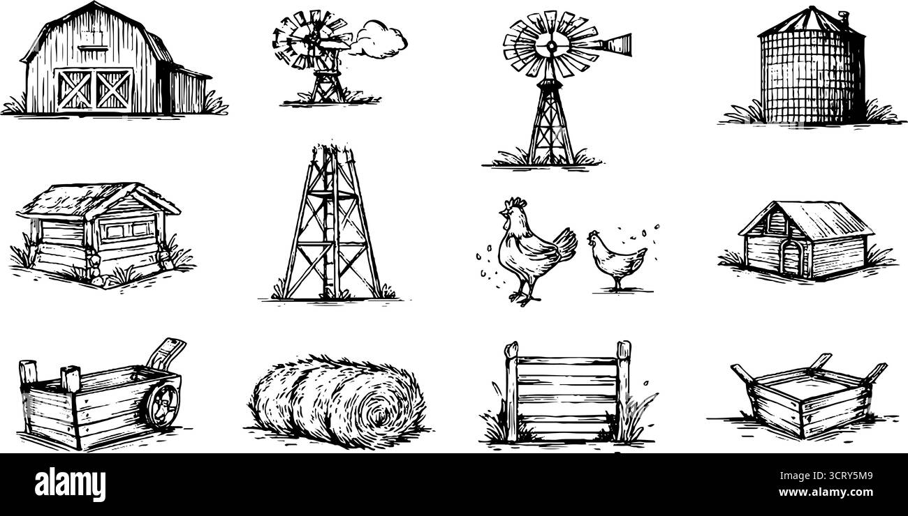 Concept de vie de ferme rustique avec des icônes de doodle dessinées à la main mettant en vedette une grange, un silo, une ferme, des moulins à vent et des animaux pour des projets de conception. Illustration de Vecteur