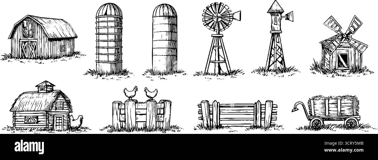 Collection rustique d'éléments de ferme : icônes de doodle dessinées à la main de granges, silos, moulins à vent. Illustration de Vecteur