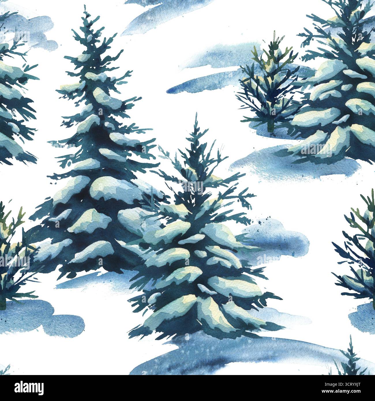 Illustration aquarelle peinte à la main sans couture de forêt de pins enneigés, motif de paysage d'hiver simple conçu pour l'emballage du papier, des textiles, des papiers peints Banque D'Images