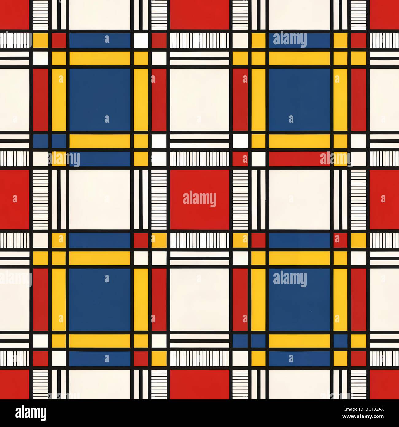Composition géométrique abstraite sans couture en rouge, bleu et jaune avec des lignes de quadrillage noires, inspirée par Mondrian. Banque D'Images