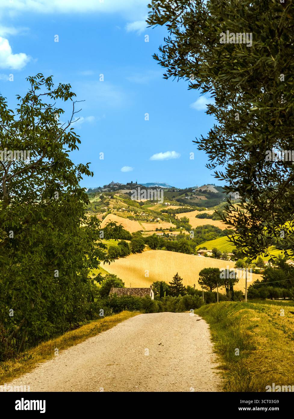 Paysage en Italie, province des Marches,, paysage rural, avec route de gravier Banque D'Images