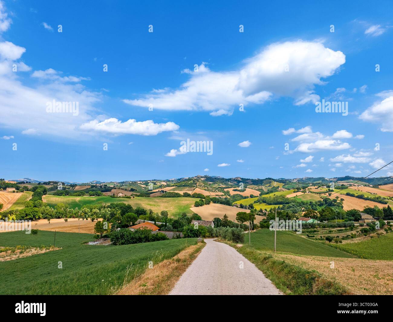 Paysage en Italie, province des Marches,, paysage rural, avec route de gravier Banque D'Images