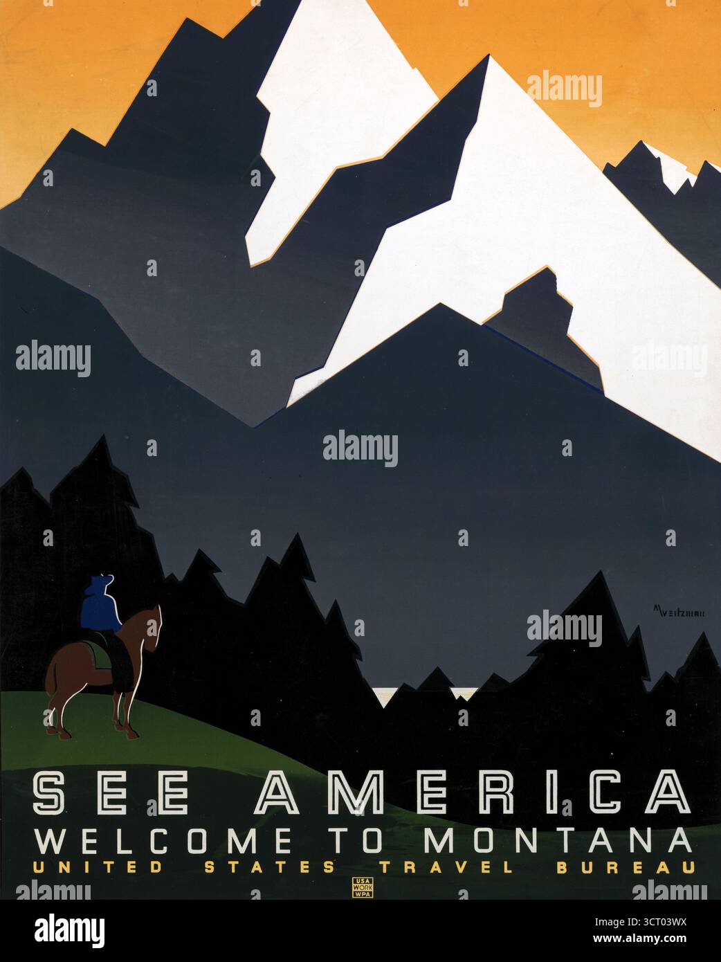 Voir Amérique. Bienvenue au Montana - affiche pour United States Travel Bureau promouvant le voyage au Montana, montrant la scène de montagne avec cheval et cavalier. - Affiche de voyage WPA des années 1930 Banque D'Images