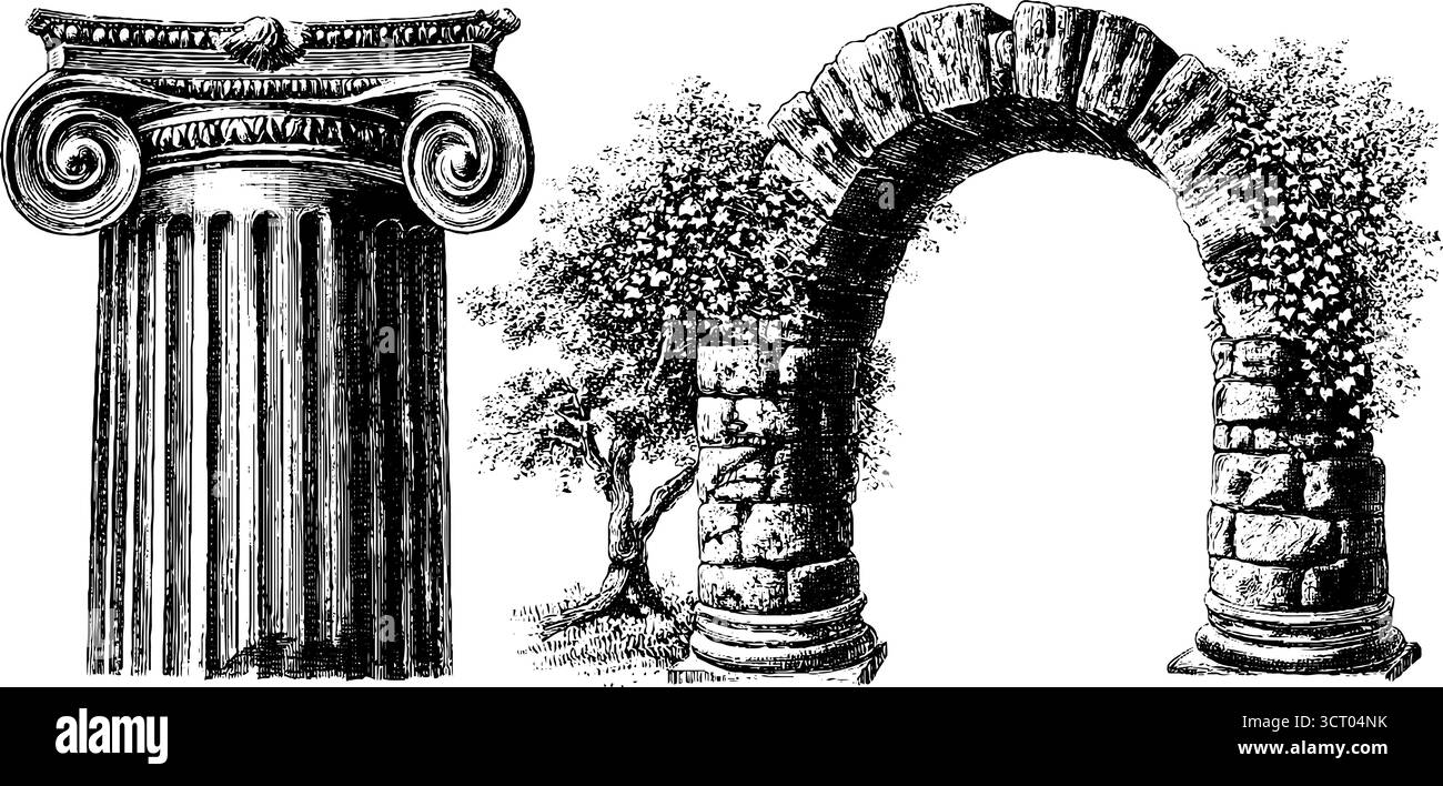 Ruines antiques gravées ensemble d'illustration avec l'architecture cassée et des dessins classiques pour des projets historiques. Illustration de Vecteur