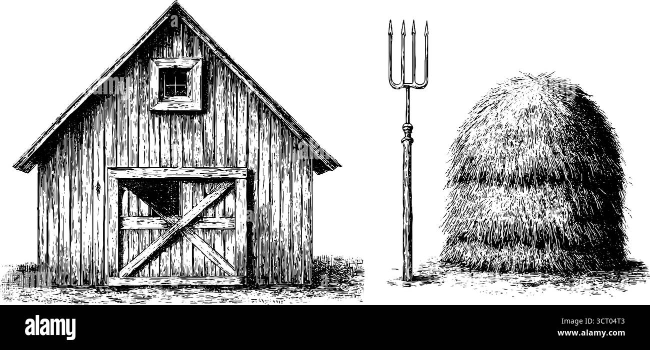 Grange rustique et ensemble de gravure d'outils de ferme pour le design vintage et la décoration. Illustration de Vecteur