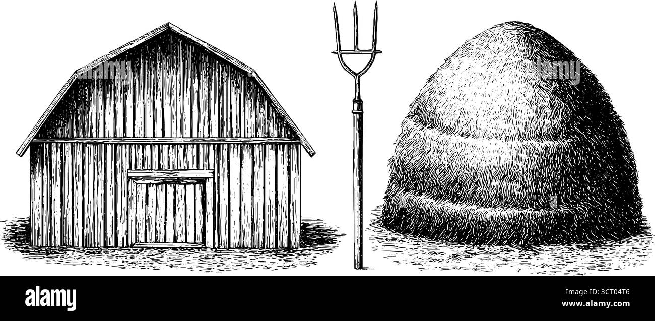 Grange rustique en bois avec meule de foin et fourche - collection de ferme rétro gravée. Illustration de Vecteur