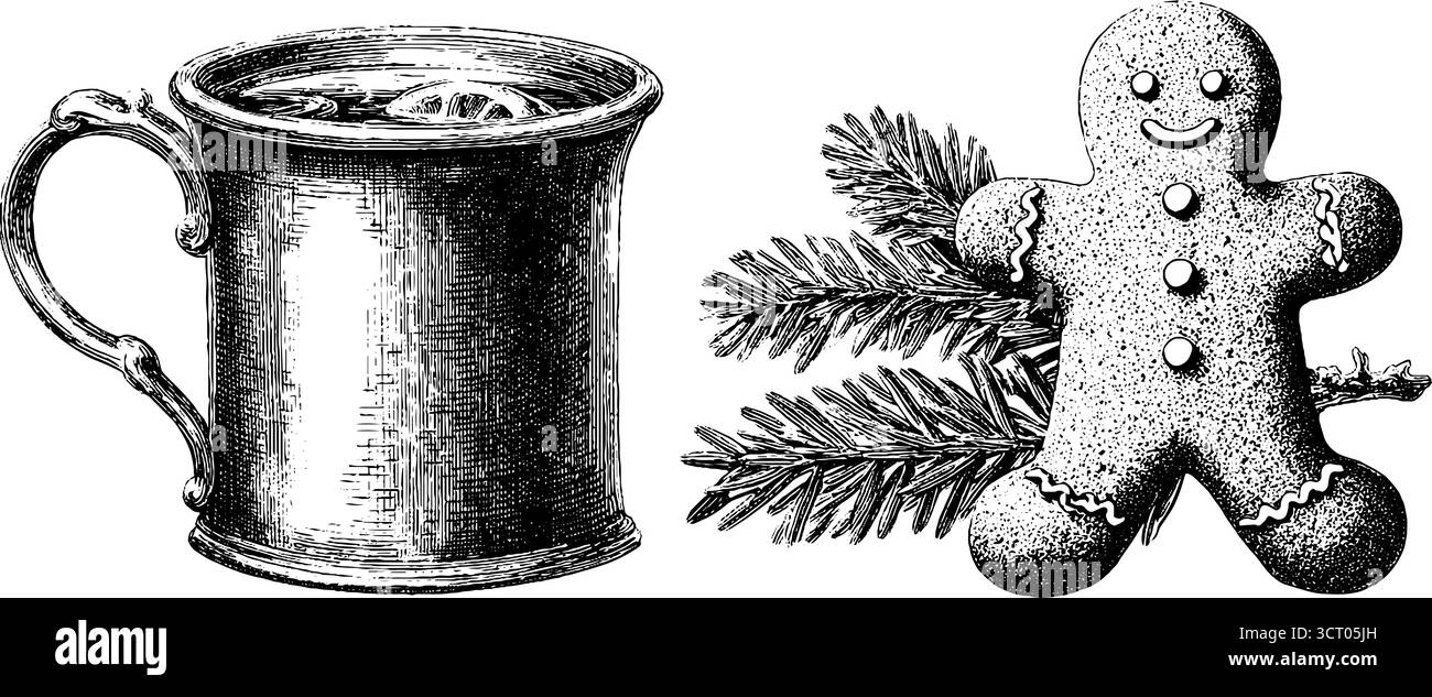 Scène de marché de noël vintage avec boisson chaude et illustration d'homme en pain d'épice. Illustration de Vecteur