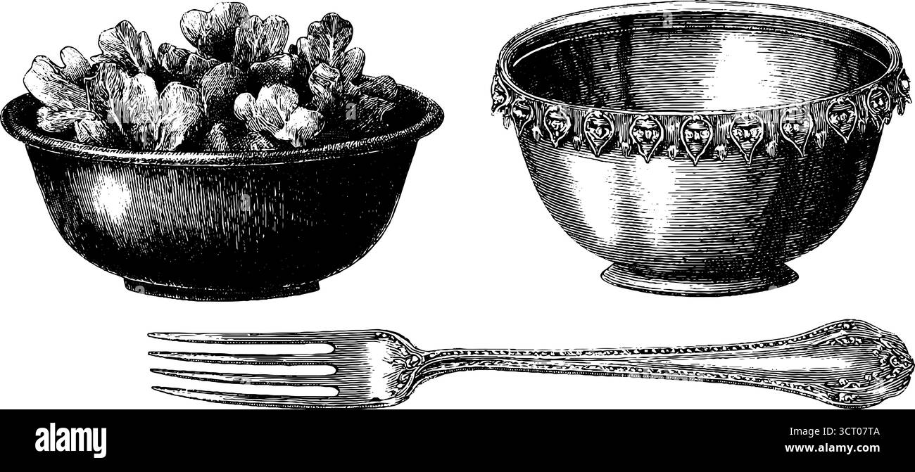 Ensemble d'illustration gravée vintage de bol en céramique, salade et conception de fourchette pour la décoration de la cuisine. Illustration de Vecteur