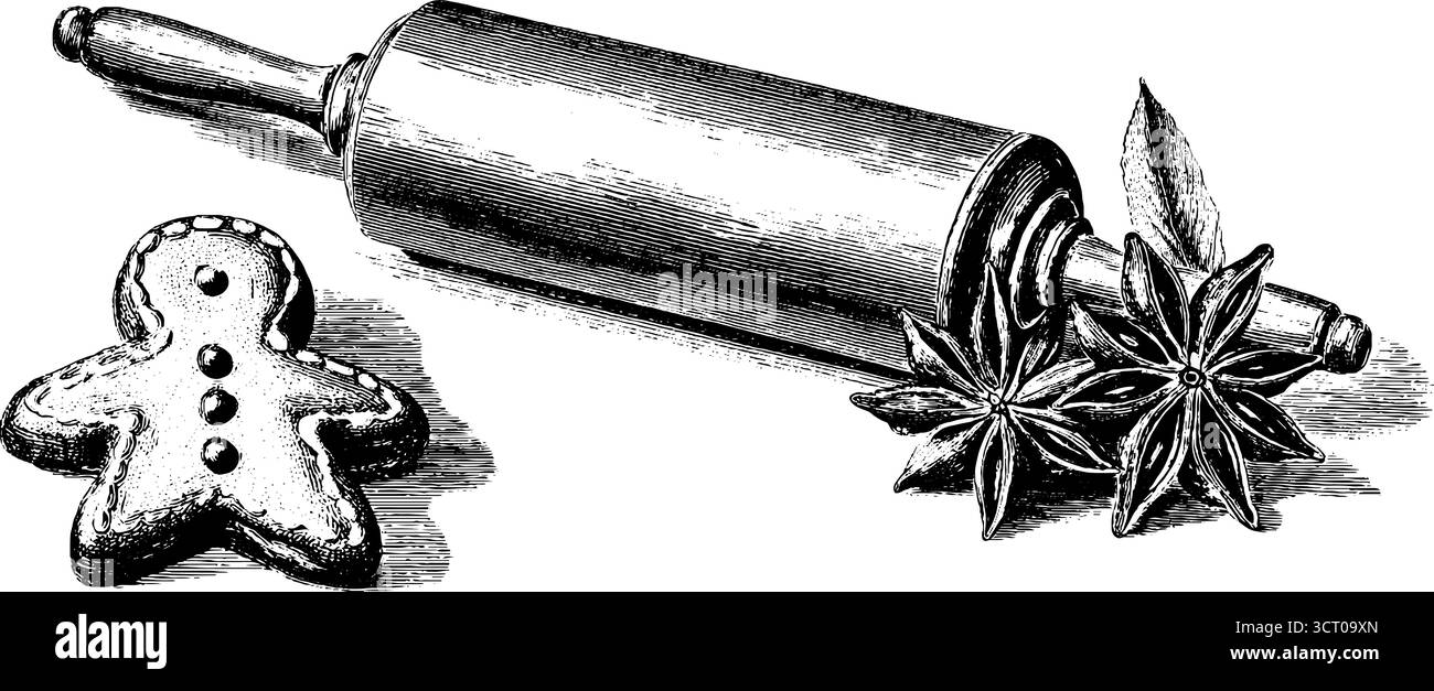 Cookie en pain d'épice gravé et ustensiles de cuisson ensemble d'illustration pour la conception de vacances. Illustration de Vecteur