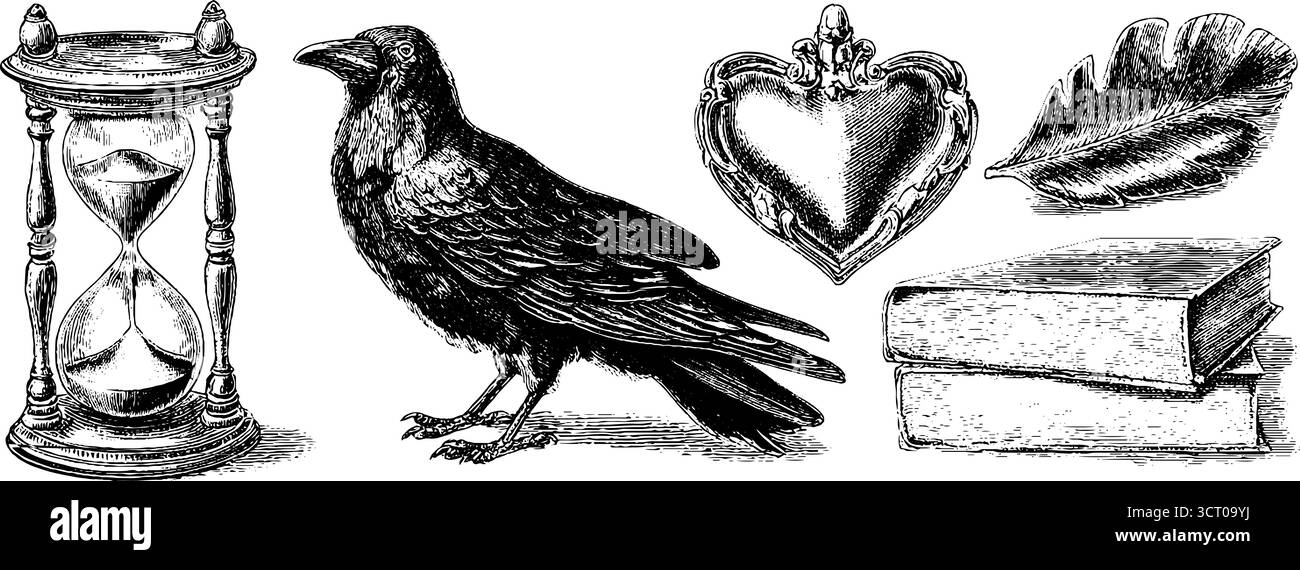 Vintage gravé ensemble de sablier, corbeau, coeur, plume et livres pour le design rétro. Illustration de Vecteur