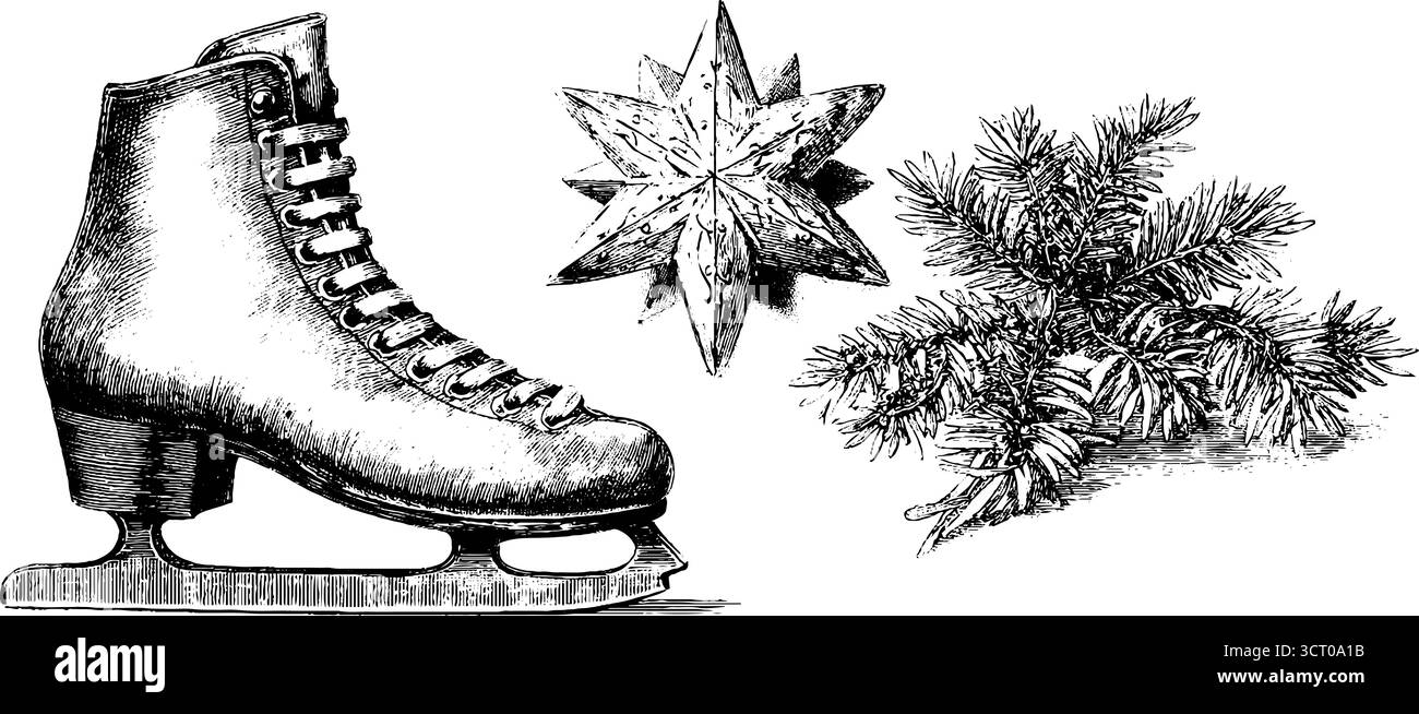 Collection hiver vintage avec patin à glace, flocon de neige et croquis de branches de pin. Illustration de Vecteur