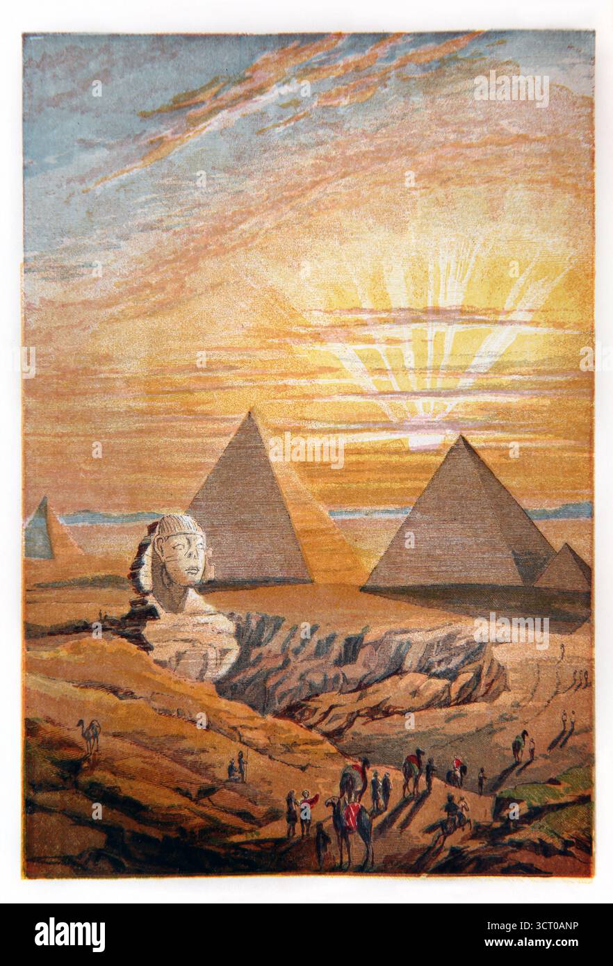 Illustration peinte à la main du Sphinx et de la Grande Pyramide de Gizeh à l'époque de Joseph Reign XIXe siècle dimanche lectures picturales par le R. Banque D'Images