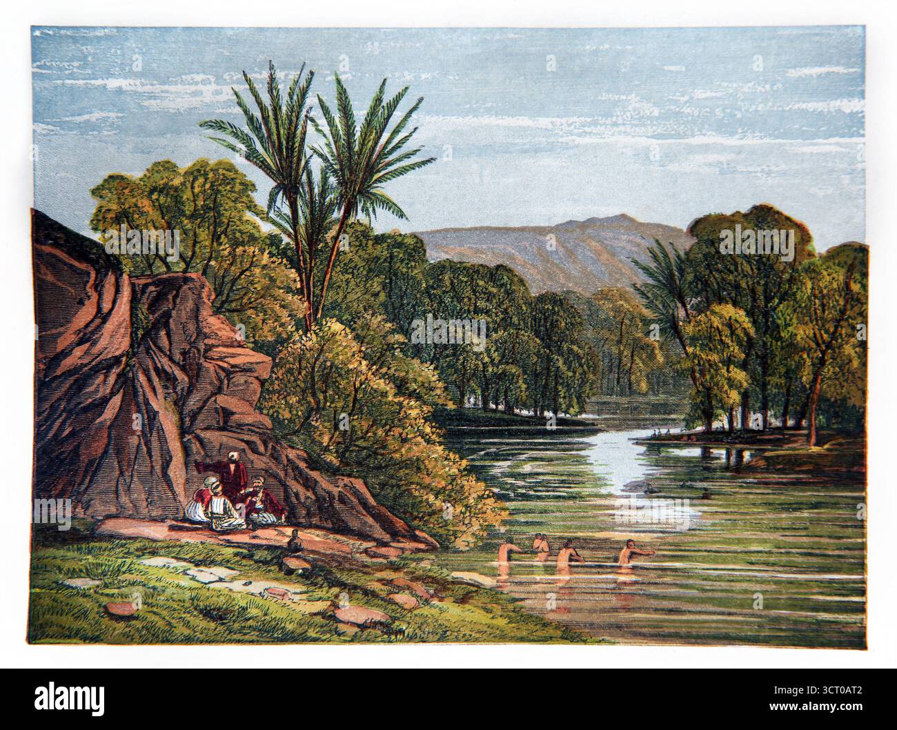 Illustration peinte à la main du lieu biblique de la rivière Jourdain mentionné dans l'ancien et le Nouveau Testament 19ème siècle dimanche lectures picturales par le Banque D'Images