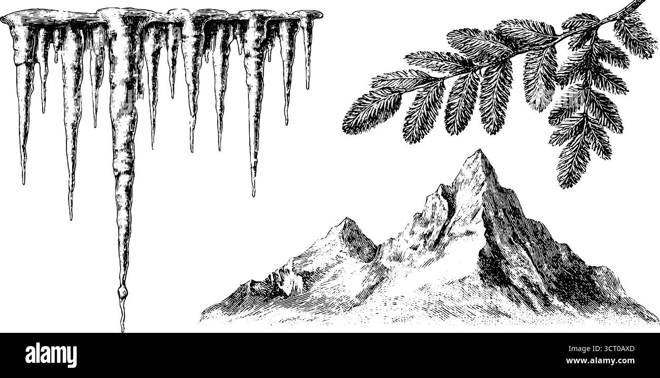 Collection gravée de glaçons, brindilles de pin et montagne pour un design rétro. Illustration de Vecteur