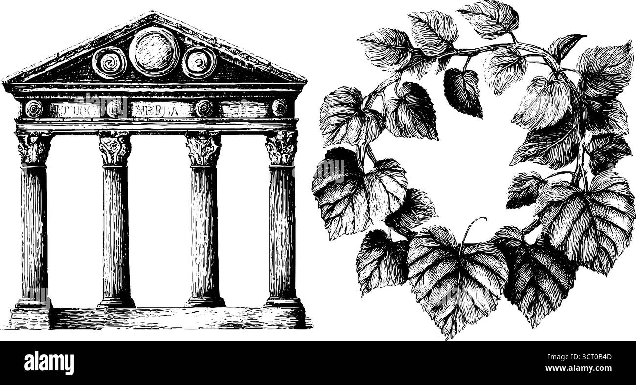 Illustration gravée de couronne architecturale et de laurier pour un design rétro. Illustration de Vecteur