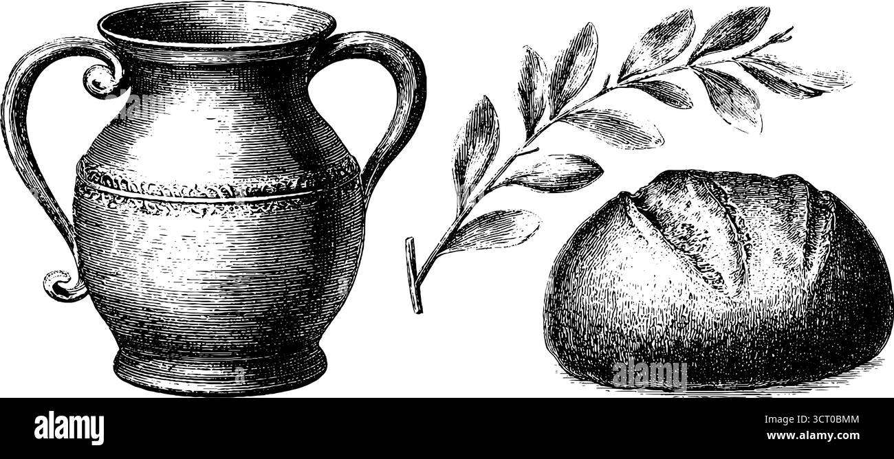 Cruche rustique et collection de gravure de pain - vintage dessiné à la main ensemble pour le design. Illustration de Vecteur