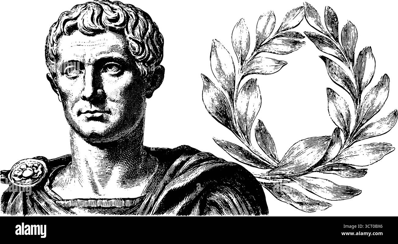 Buste romain avec couronne de laurier gravée illustration set. Illustration de Vecteur