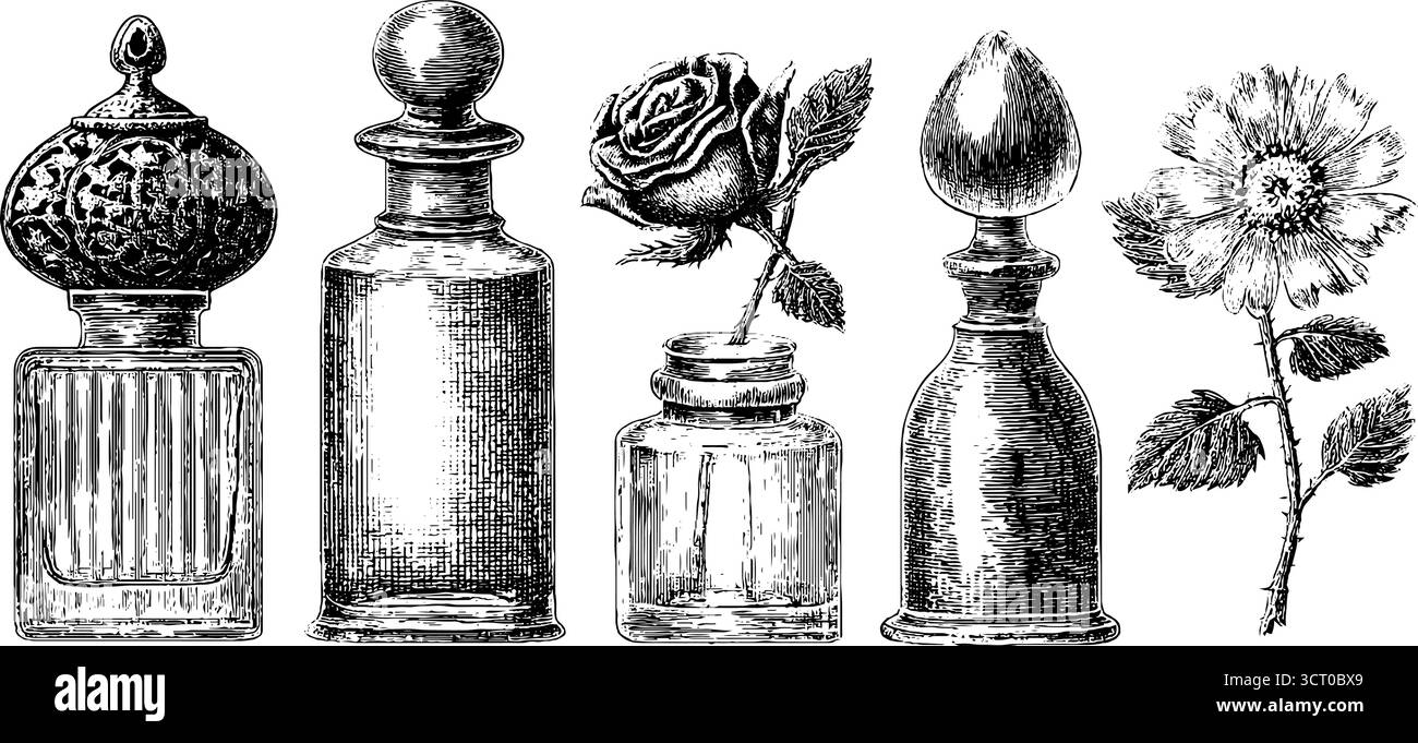 Collection de flacons de parfum vintage avec des éléments floraux - design rétro pour la décoration. Illustration de Vecteur