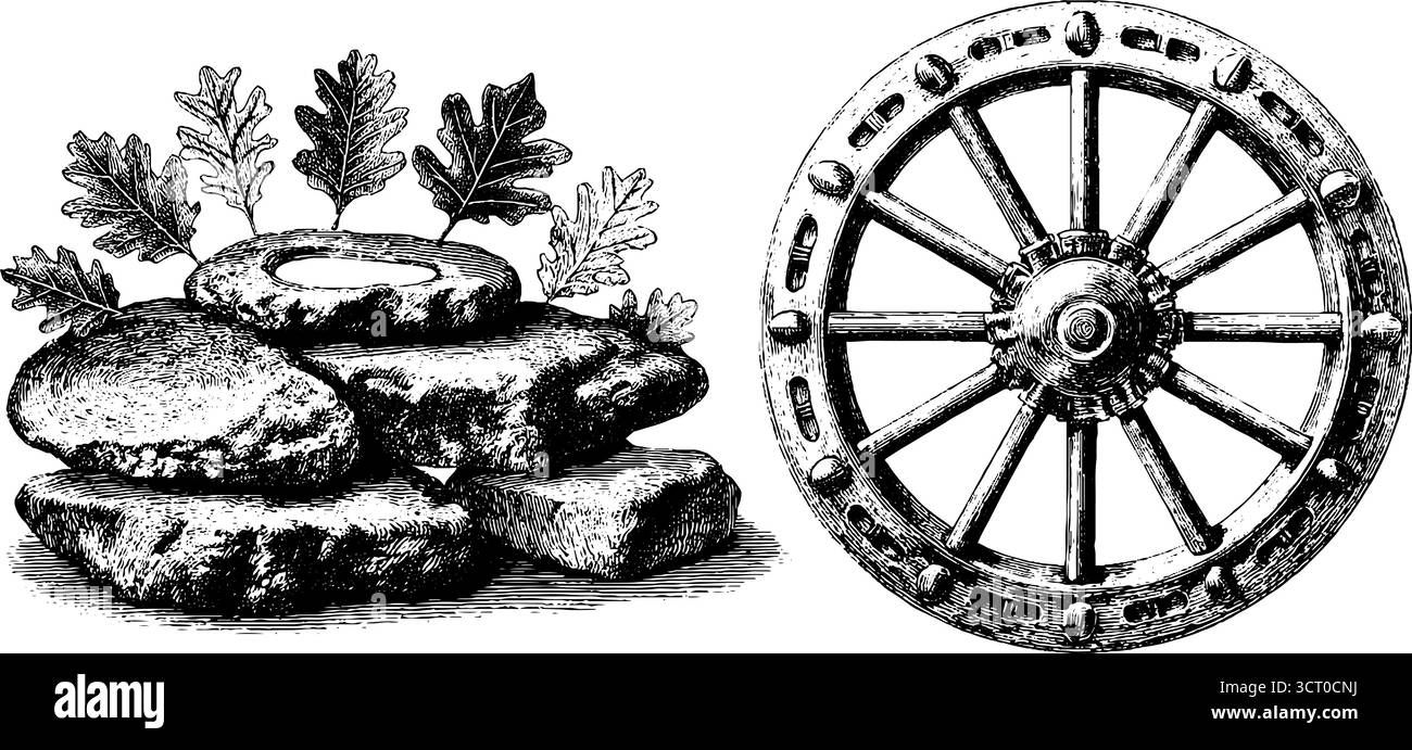 Ensemble d'illustration gravée vintage de roue solaire et de feuilles de chêne pour un design rétro. Illustration de Vecteur