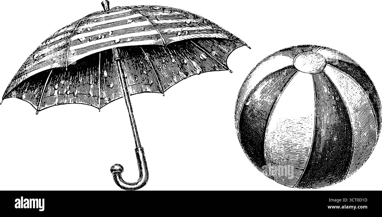 Collection plage vintage : parapluie gravé et ballon de plage pour un design rétro. Illustration de Vecteur
