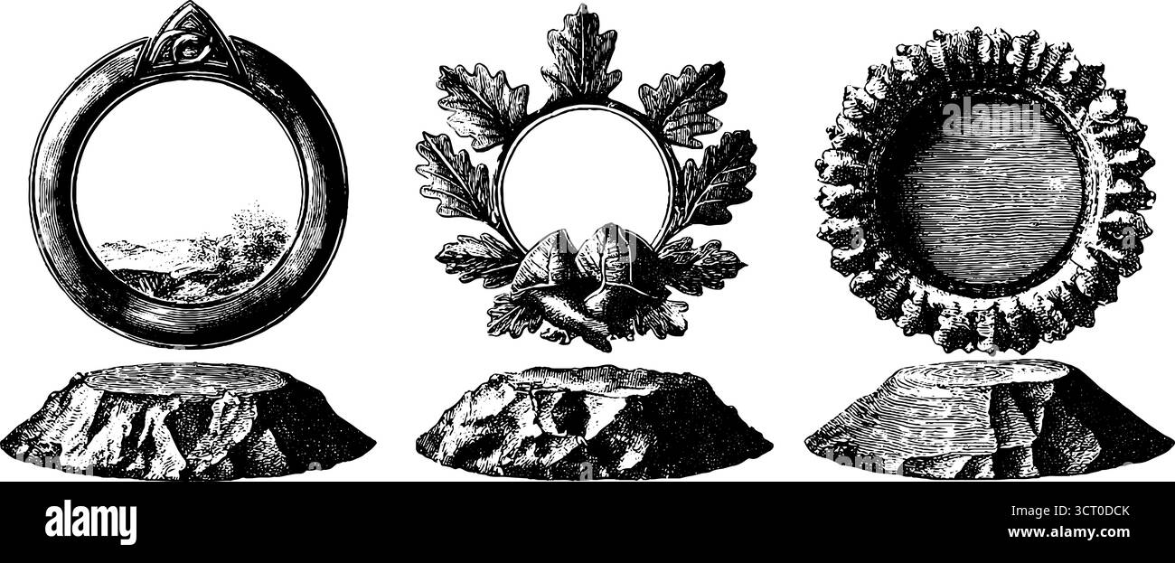 Ensemble d'illustrations gravées de symboles triskelion avec des motifs circulaires ornés pour un design rétro. Illustration de Vecteur