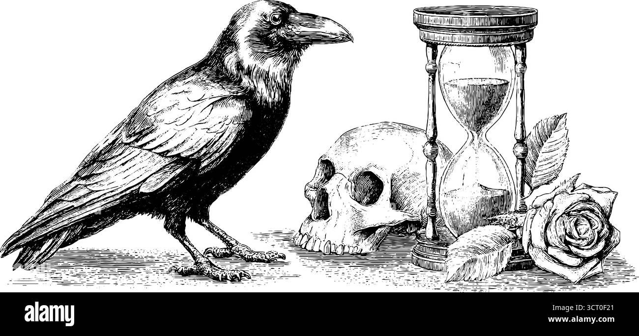 Ensemble d'illustration vintage de corbeau, crâne, sablier et rose pour la conception rétro. Illustration de Vecteur