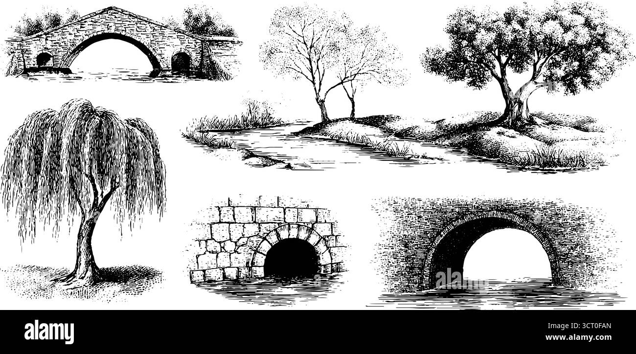 Collection rivière et pont gravée vintage : dessins d'arche avec des arbres et des éléments de la nature. Illustration de Vecteur