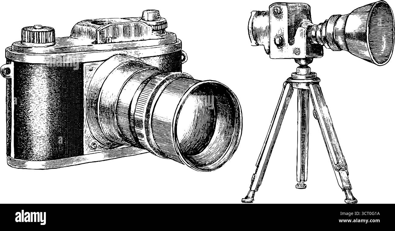 Appareil photo vintage et trépied gravé ensemble d'illustration pour le design rétro et la décoration. Illustration de Vecteur