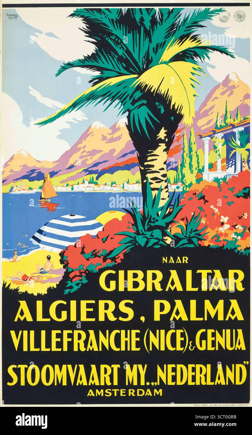 Affiche de voyage méditerranéenne néerlandaise à Gibraltar, Alger. Affiche de voyage vintage de B.Rutt, années 1930 Banque D'Images