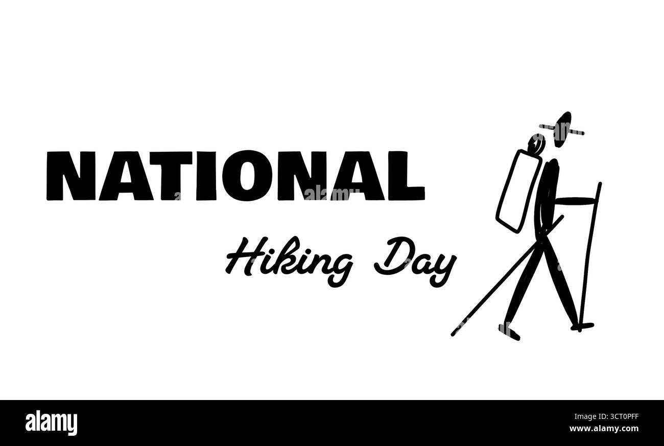 Ensemble icône minimaliste de randonnée et de trekking avec des silhouettes stickman de randonneurs, grimpeurs et routards en mouvement Banque D'Images