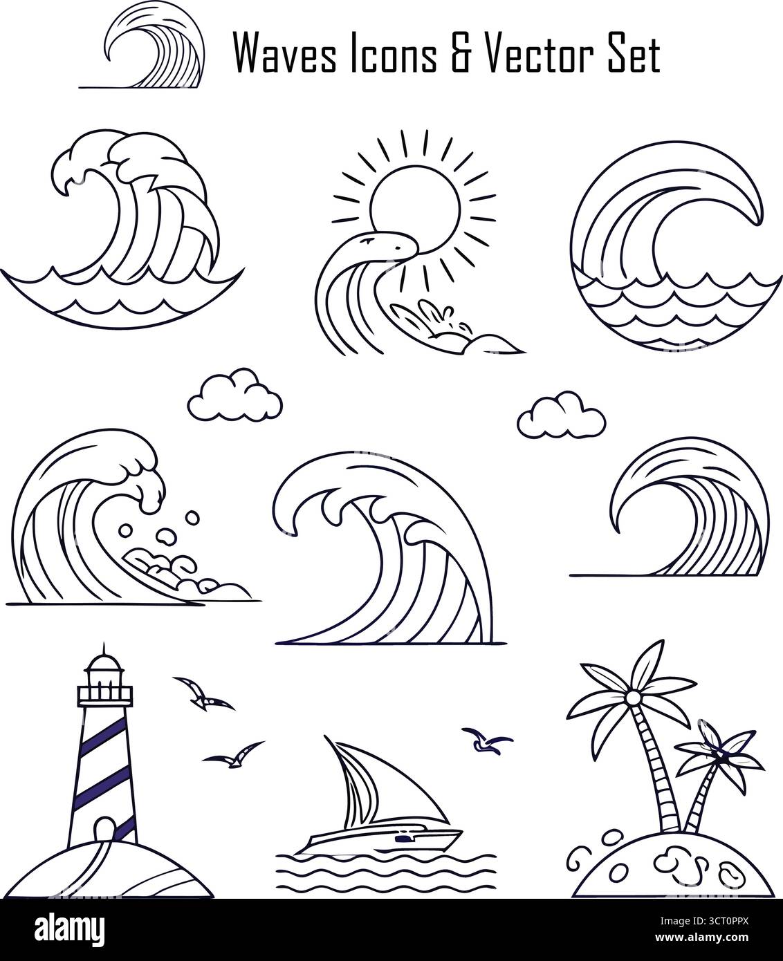 De puissantes vagues océaniques s'écrasent sur Shoreline au coucher du soleil Illustration de Vecteur