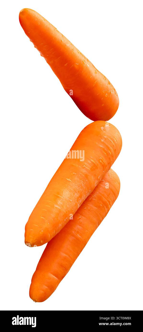 Vue de côté de trois racines de carotte orange fraîches dans la pile est isolée sur fond blanc avec chemin de découpage. Banque D'Images