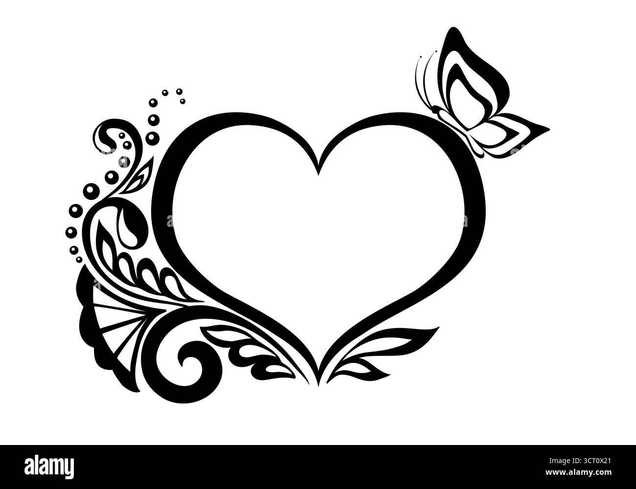 symbole noir et blanc d'un coeur avec motif floral et papillon Illustration de Vecteur