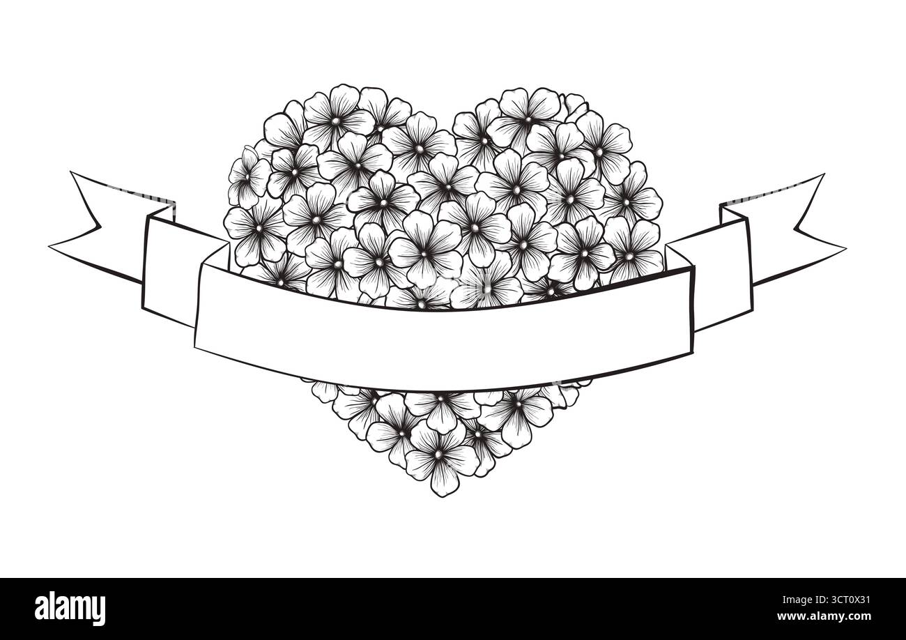 Fleurs de contour noir et blanc en forme de coeur. Illustration de Vecteur